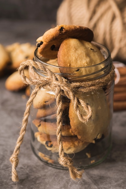 Close-up chocolate cookies in a jar