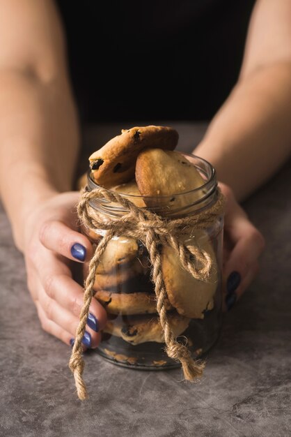 Close-up chocolate cookies in a jar