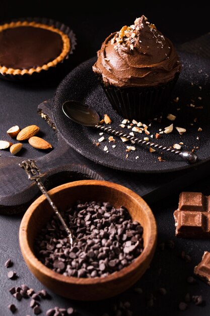 Close-up chocolate cupcake ready to be served