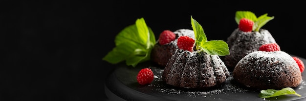 Close-up chocolate dessert with sugar powder