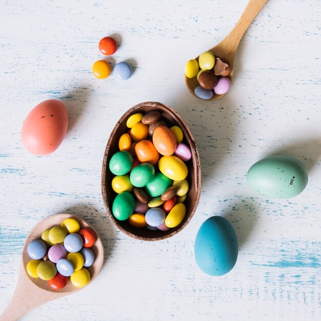 Close-up chocolate egg with pellets