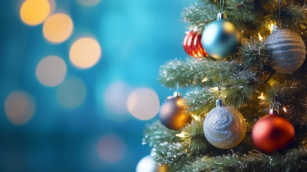 Close-up of christmas tree branch with ornaments