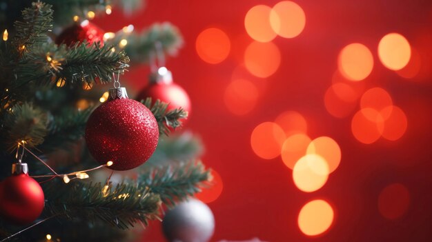 Close-up of christmas tree branch with ornaments