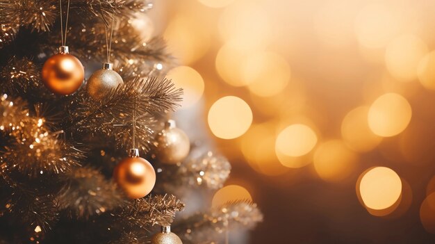 Close-up of christmas tree branch with ornaments