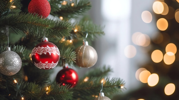 Free photo close-up of christmas tree branch with ornaments