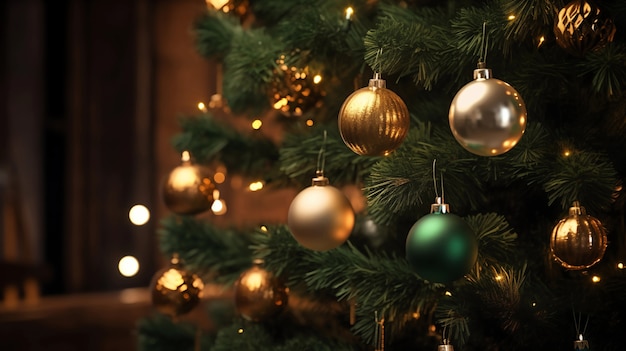 Close-up of christmas tree branch with ornaments