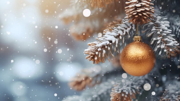 Close-up of christmas tree branch with ornaments