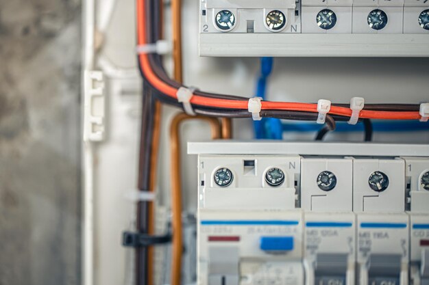 Close up circuit breakers and wire in control panel