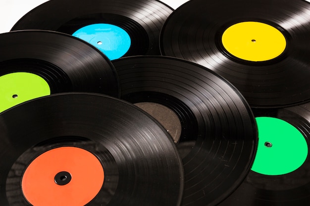 Close-up of circular black vinyl record