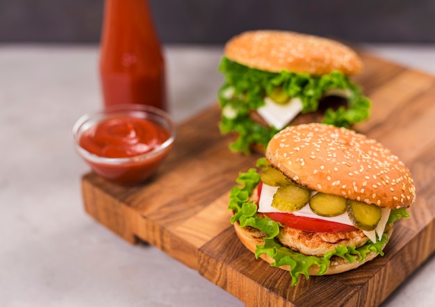 Close-up classic burgers with ketchup