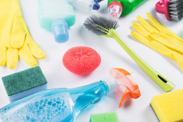 Close-up of cleaning products on grey backdrop