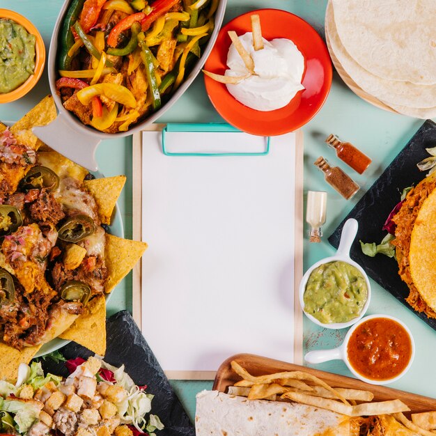 Close-up clipboard and Mexican dishes