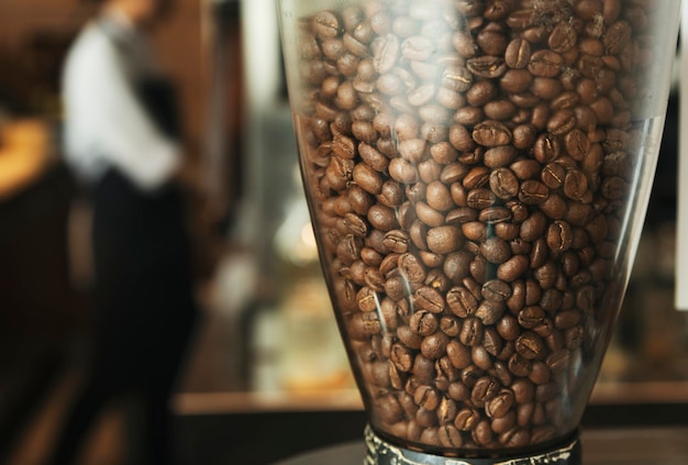 Close up of coffee beans in a grinder