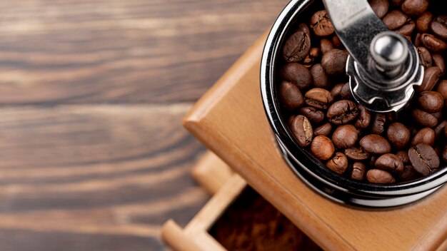 Close-up of coffee concept on wooden table