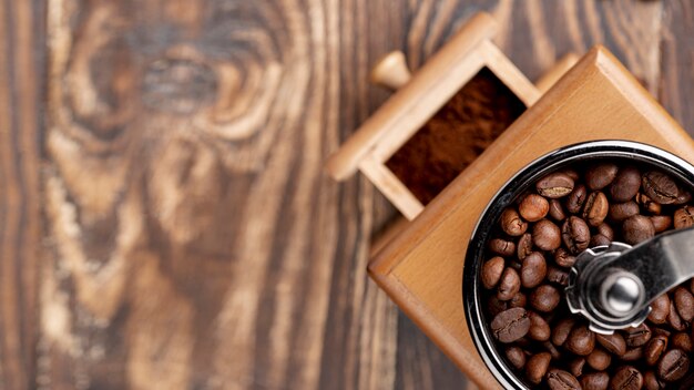 Close-up of coffee concept on wooden table