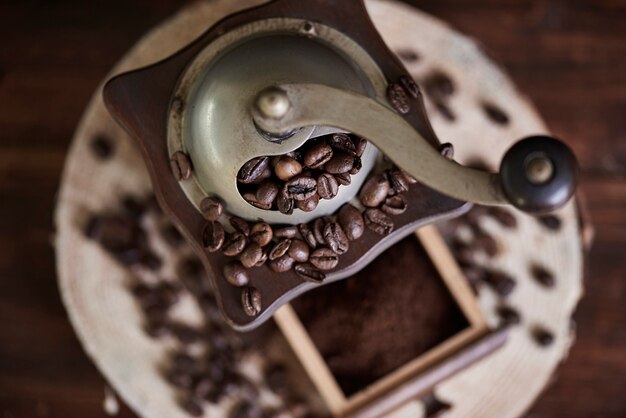 Close up of coffee grinder and beans