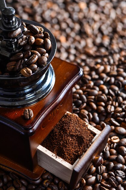 Close-up of coffee grinder with ground coffee