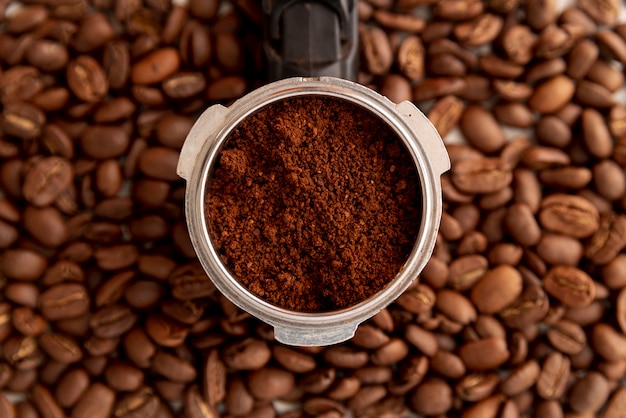 Close-up coffee powder and beans