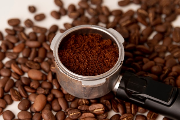 Close-up coffee powder and beans