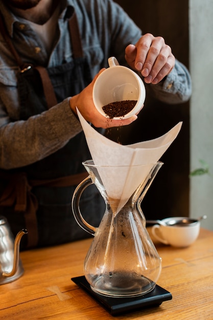 Close-up coffee process in coffee shop