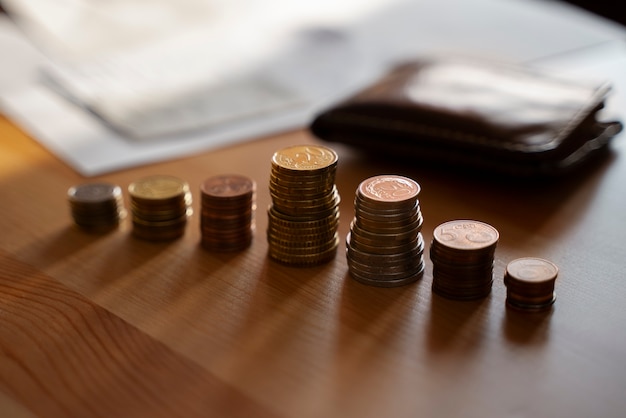 Close up on coins saved for energy crisis expenses