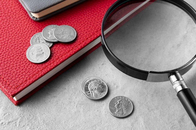 Close up on coins on table