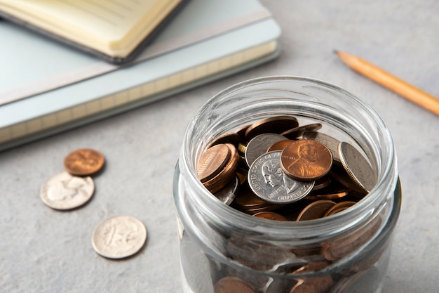 Close up on coins on table