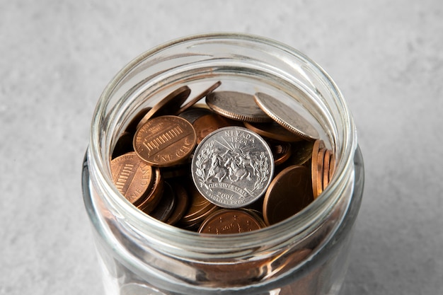 Close up on coins on table