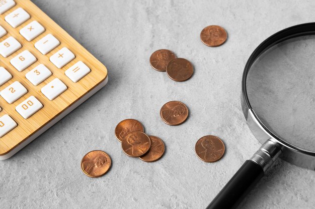 Close up on coins on table