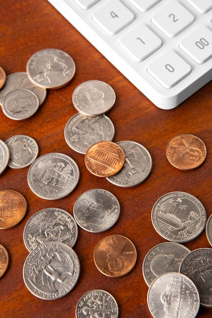 Close up on coins on table