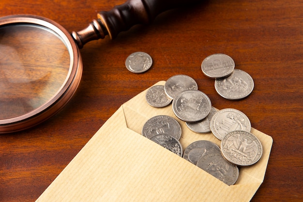 Close up on coins on table