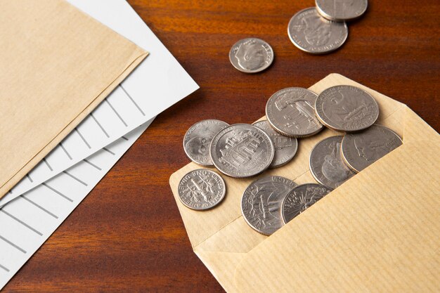 Close up on coins on table