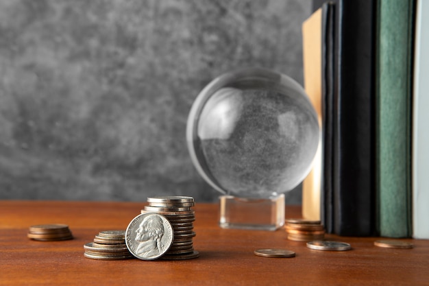 Free photo close up on coins on table