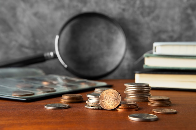 Free photo close up on coins on table