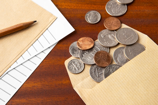 Close up on coins on table