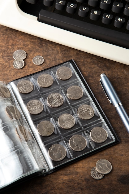 Close up on coins on table