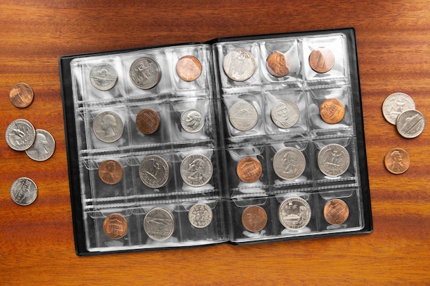 Close up on coins on table