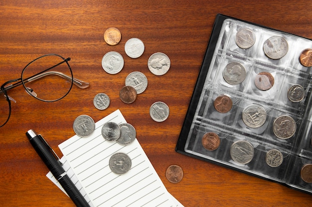 Free photo close up on coins on table