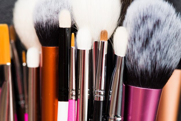Close-up collection of makeup brushes