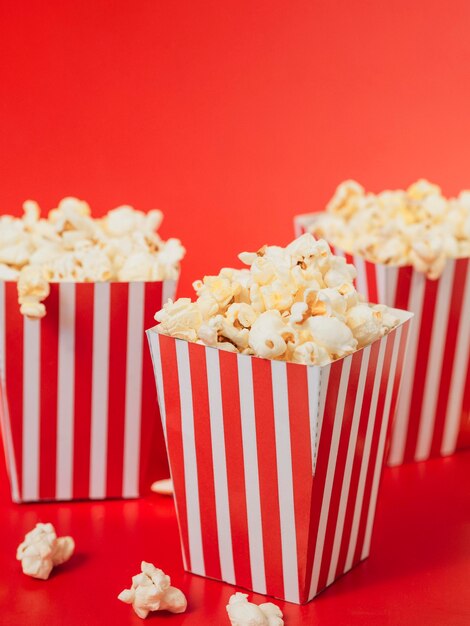 Close-up collection of striped popcorn boxes