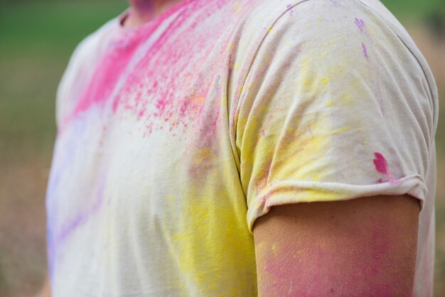 Close-up of colored t-shirt at holi