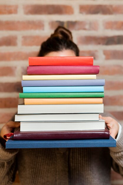 Close up on colorful books pile