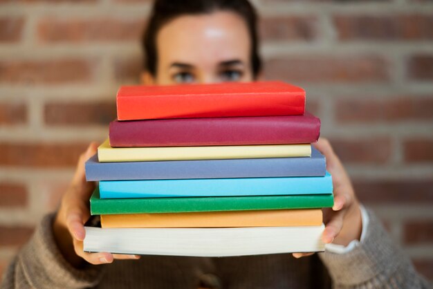 Close up on colorful books pile