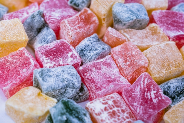 Close-up of colorful fresh traditional turkish delight soft lukum