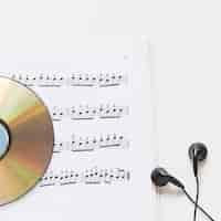 Free photo close-up of compact disc on musical note with earphone on white background