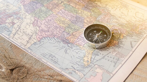 Close up compass on north america map
