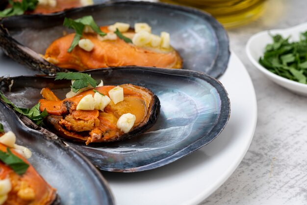 Close up of cooked seafood mussels