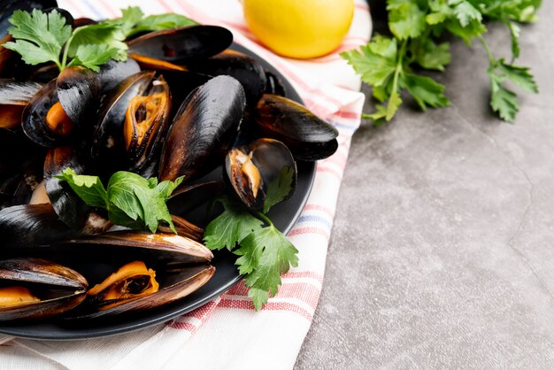 Close up of cooked tasty mussels