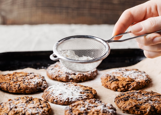 close up cookies with sugar powder