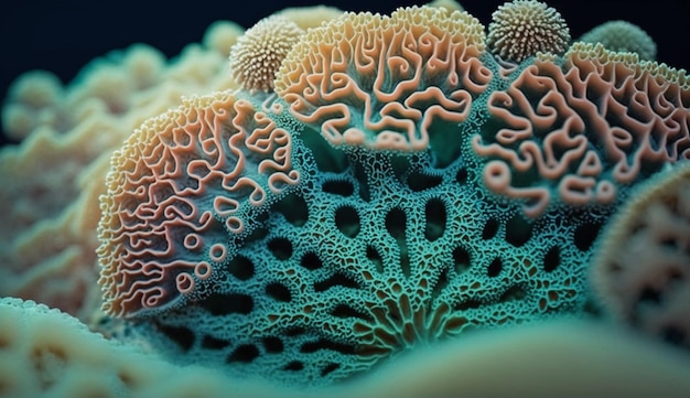 A close up of a coral reef with a blue background